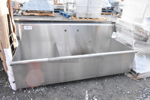 Brand new stainless steel 3 bay sink, scratch and dent quality, with pre-drilled holes, industrial setting, on pallets.