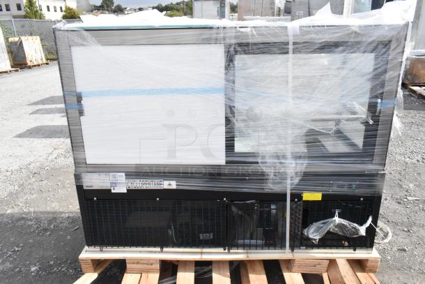 Avantco 193BC60HCB 60" black curved glass bakery display case on pallet, wrapped, minor glass damage, 115V, 1 Phase.