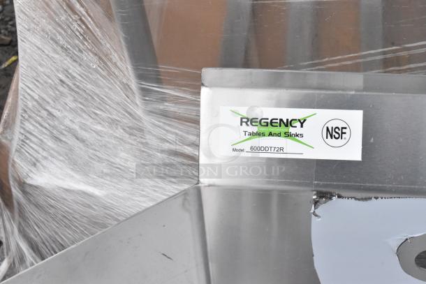 BRAND NEW Regency 600DDT72R 16 Gauge 6' Soiled Dish Table, right drainboard, scratch and dent, NSF certified sticker visible.