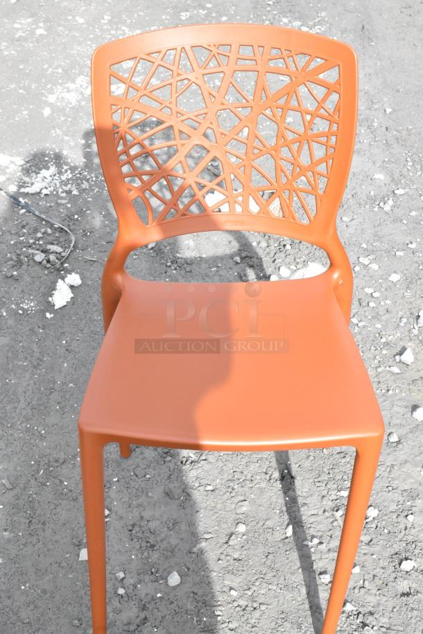 Lancaster Table & Seating Flora Terracotta resin side chair with webbed back, new condition, scratch and dent lot of 24.