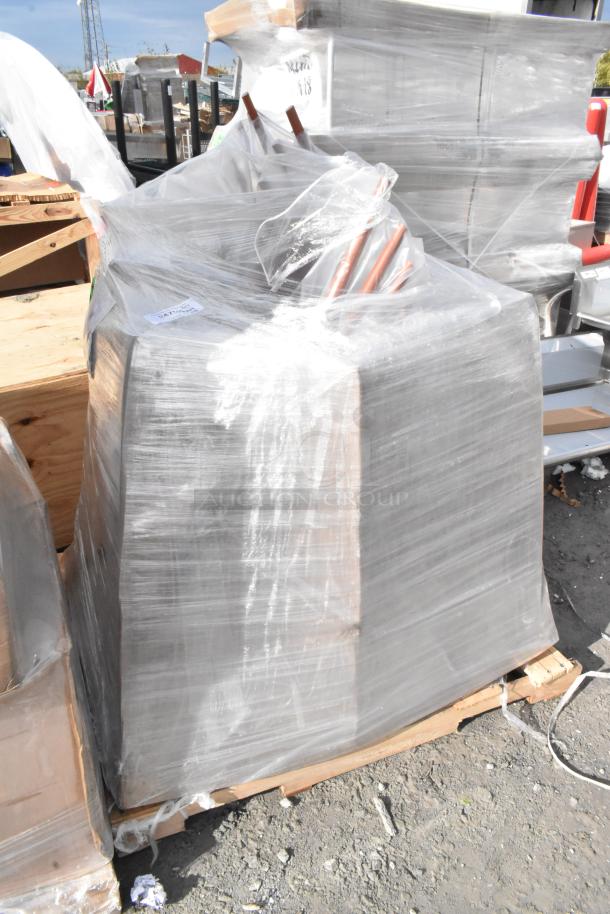 24 new Lancaster Flora Terracotta resin side chairs on pallet, shrink-wrapped, webbed back design, in scratch and dent condition.