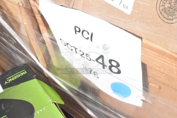 Pallet with 6 new scratch-and-dent item boxes, including chair frames. Labels show "PCI OCT25-48" and a blue dot.