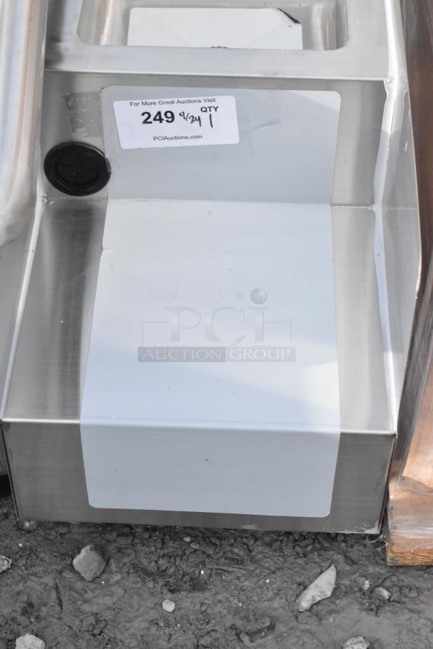 BRAND NEW Regency 600BSDS2312 stainless steel blender station, 12"x23", scratch and dent, auction tag showing lot 249.