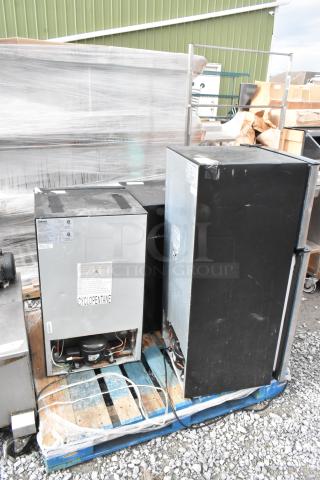 Three mini coolers, including Frigidaire EFR451-B-6COM, Galanz GL31BKE, and Haier HC46SF10SV, on a pallet. 115 volts, 1 phase. Marked with safety and model labels.