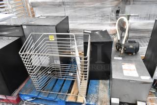 3-item lot: BAVFM mini cooler, 2-drawer filing cabinet, metal rack. Used, with visible surface wear. Functionality unverified.