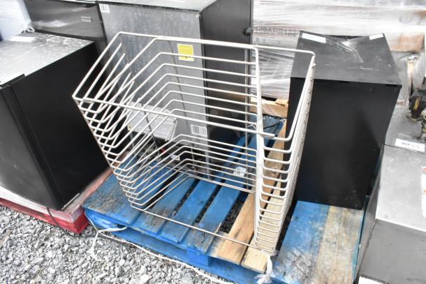3-item lot with BAVFM mini cooler, 2-drawer filing cabinet, and metal rack on a pallet. Good condition, ideal for office use.