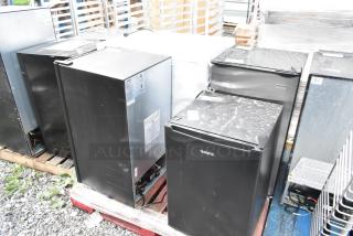 Four mini coolers: Galanz GLR33MBKE23, GLR25MBKE02, Hisense WFC070M6RWD, Frigidaire FGFR334, black finish, 115V, 1 phase.