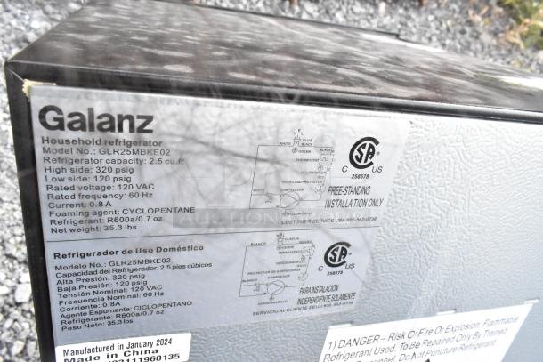 4 various mini coolers including Galanz GLR33MBKE23, Galanz GLR25MBKE02 with labels. Details on refrigerant and installation.