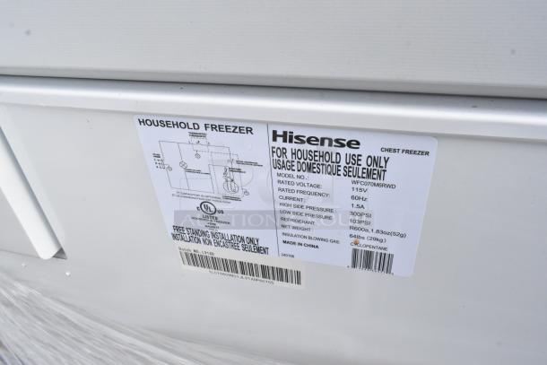 Label on Hisense chest freezer model WFC070M6RWD. 115V, 60Hz, 1.5A. For household use, made in China.