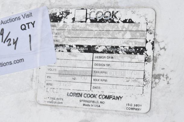 Loren Cook 100ACE-100C3B rooftop exhaust fan tag, showing 115 volts, 1 phase, design CFM 400, made in USA.