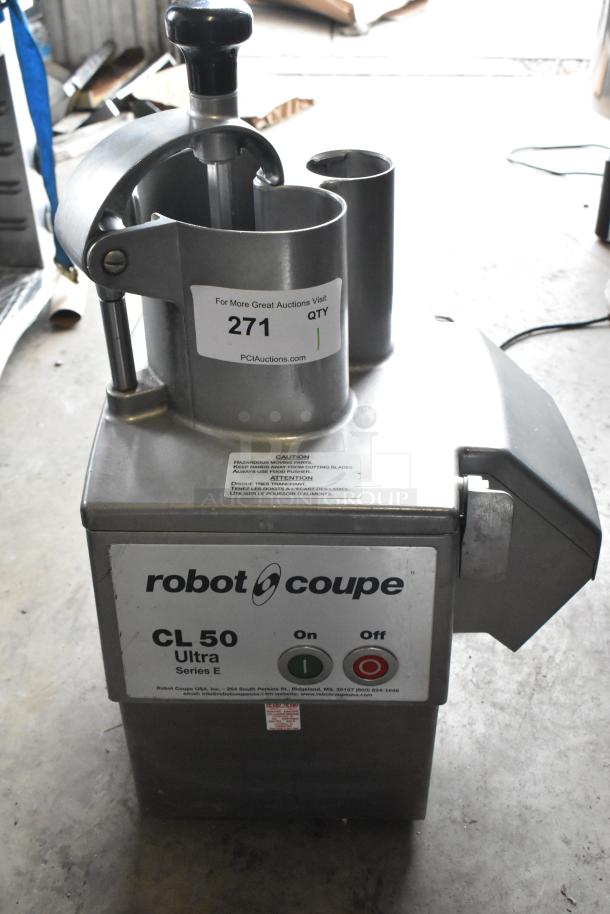 Robot Coupe CL50 Ultra Series E food processor, metal, commercial-grade, 120 volts, with caution label, in good condition.