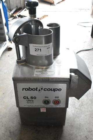 Robot Coupe CL50 Ultra Series E food processor, metal, commercial-grade, 120 volts, with caution label, in good condition.