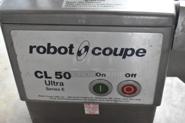 Robot Coupe CL50 Ultra Series E food processor. Metal body, 120V, 1 Phase. Features on/off buttons and company details.