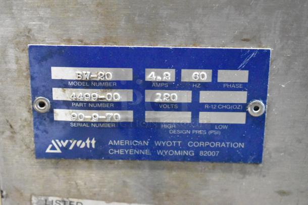 APW Wyott BW-20 Metal Warming Drawer, 120V, 1 Phase. Model label shows model, part, and serial numbers.