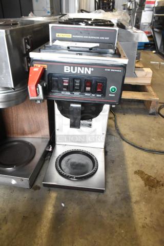Bunn stainless steel commercial countertop 3 burner coffee machine with hot water dispenser. 115V, 1 phase, CW series.