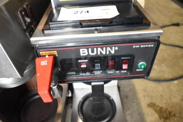 Bunn stainless steel commercial coffee machine, 3 burners, hot water dispenser, model CW Series, 115V, 1 phase, good condition.