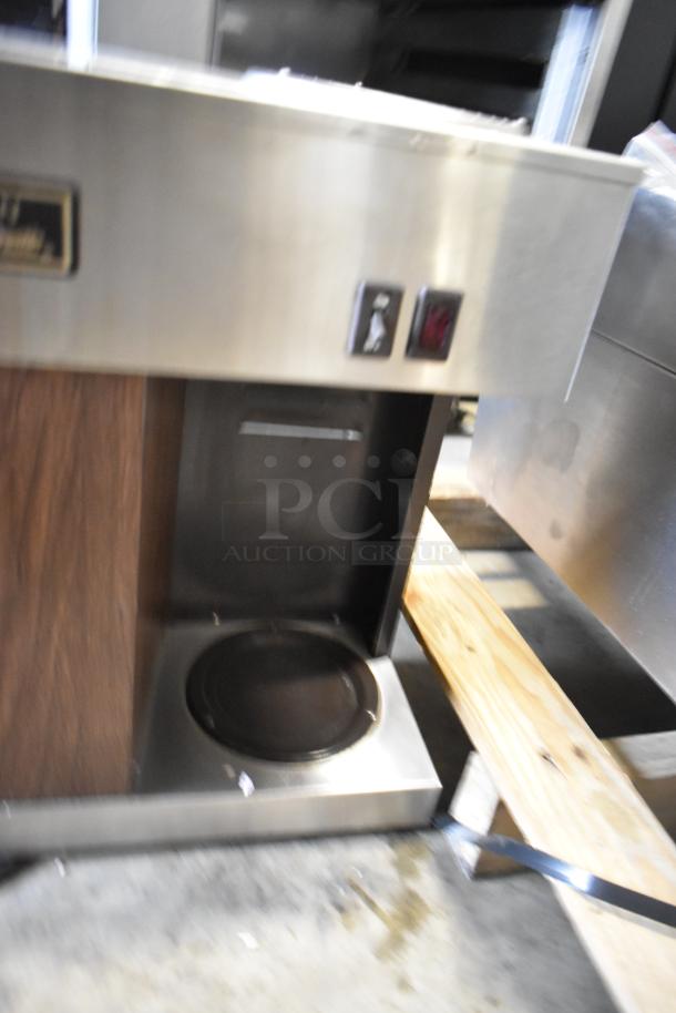 Bunn VPR stainless steel commercial coffee machine with 3 burners and metal brew basket, 115 volts, 1 phase.