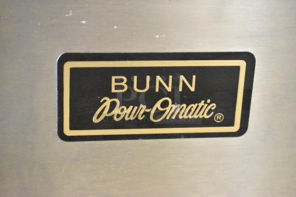 Stainless steel Bunn VPR commercial coffee machine, 3 burners, includes metal brew basket, label shows "Bunn Pour-O-Matic."