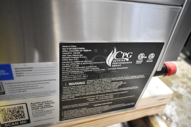 Brand new Cooking Performance Group 351GMCPG60NL 60" stainless steel gas griddle, 150,000 BTU, with manual controls.