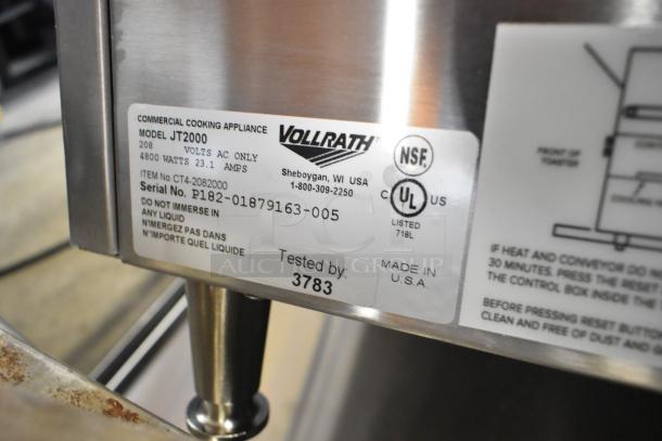 Brand new Vollrath JT2000 conveyor toaster label. Model, voltage, and serial info visible. Made in USA.