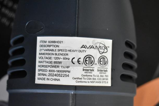AvaMix 928IBHD21 21" heavy-duty immersion blender, variable speed, 1 1/4 hp, 120V, new. Label shows certifications.