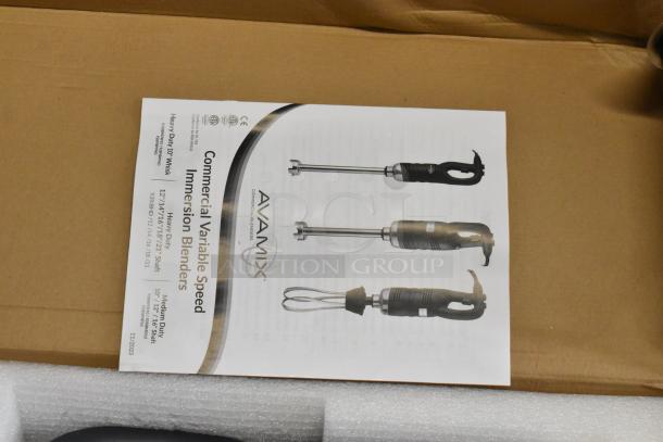 AvaMix 928IBHD21 immersion blender brochure showing heavy-duty variable speed models with specifications.