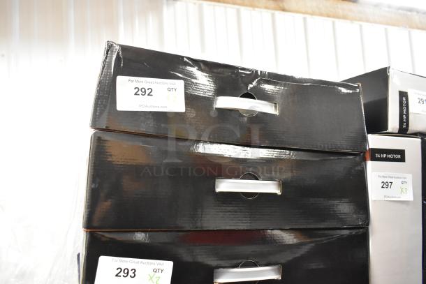 Stacked black boxes containing AvaMix 928IBHDW10 Heavy-Duty Immersion Blender, 10" Whisk, new condition, tags displaying auction details.