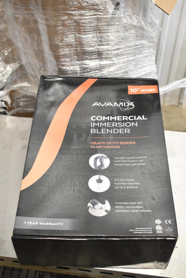 AvaMix 928IBHDW10 Heavy-Duty Immersion Blender with 10" whisk, 1 1/4 hp, 120V, in box. Features variable speed, 1-year warranty.