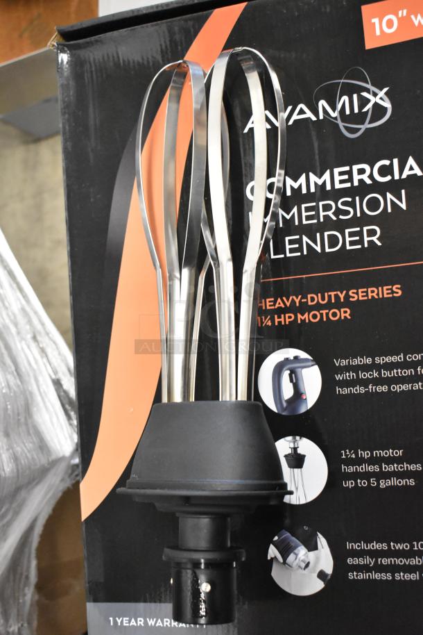AvaMix heavy-duty immersion blender with 10" whisk, 1 1/4 hp, 120V. New, scratch and dent. Box includes features and warranty details.