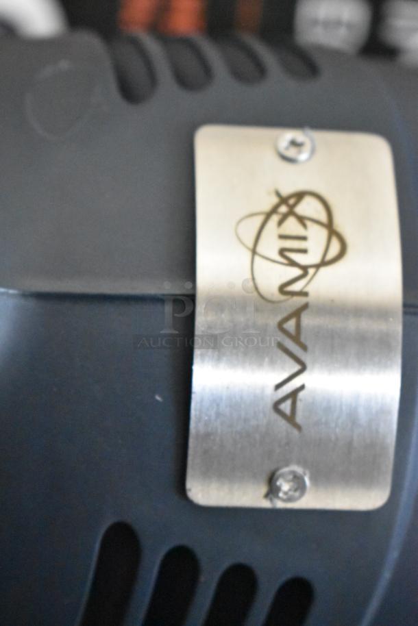 AvaMix immersion blender close-up, branded metal label. New condition with possible minor scratches. Heavy-duty, variable speed.