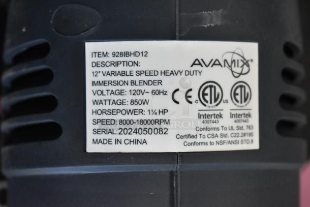 AvaMix 928IBHD12 immersion blender label showing specifications: 1 1/4 hp, 120V, variable speed 8000-18000 RPM, made in China.
