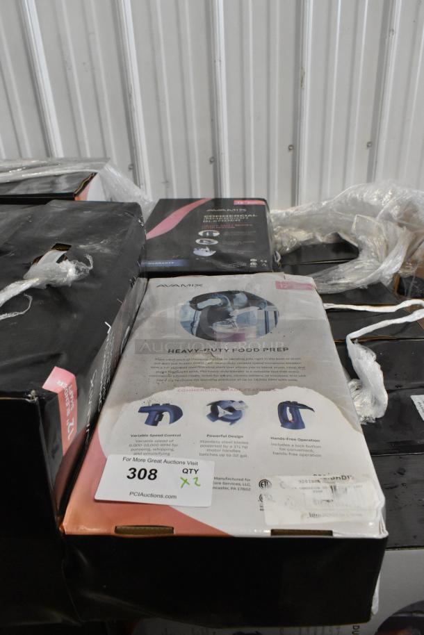 Brand new AvaMix 928IBHD12 12" heavy-duty immersion blender boxes. Tags show variable speed, 1 1/4 hp, 120 volts, 1 phase.