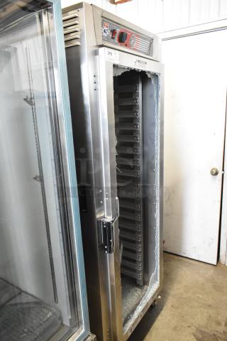 Brand new Metro C569-SFC-L heated holding cabinet, 2025 model, with broken glass and commercial casters, 120V, 1 phase.