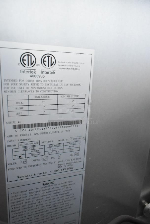 Migali C-COI-SD-LP convection oven label, showing ETL certification, propane gas specifications, and installation warnings.