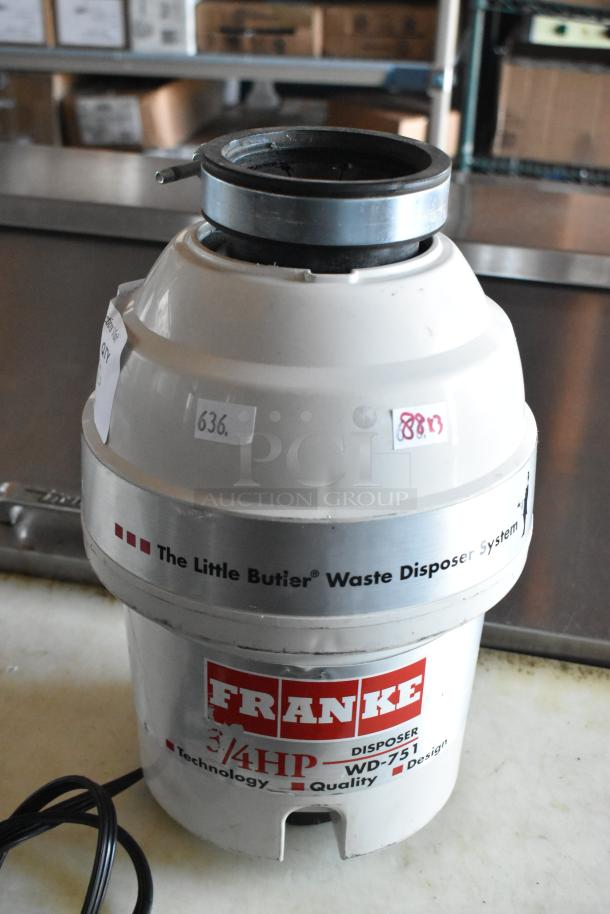 Franke Little Butler Waste Disposer System, 3/4 HP, WD-751 model, 115 volts, 1 phase. Marked with model and power details.