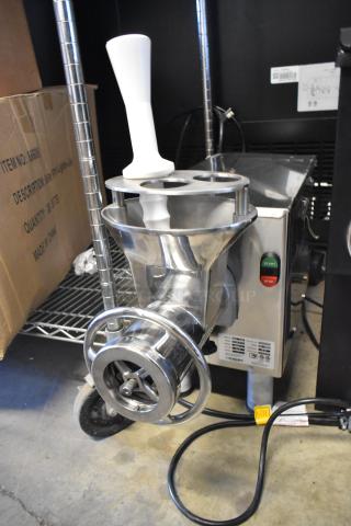Pro-cut KG-22W-XP-SS stainless steel meat grinder, 220V, 1 phase, countertop model, start/stop buttons visible.