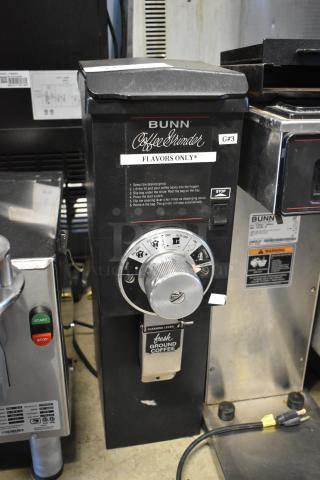 Bunn G3 HD commercial coffee grinder, metal body, 120 volts, with control dial and "Flavors Only" tag.