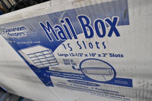 Classroom Keepers Mail Box with 15 slots, 12.5"x10"x3", includes built-in name tabs, sturdy corrugated construction. Box condition is worn.