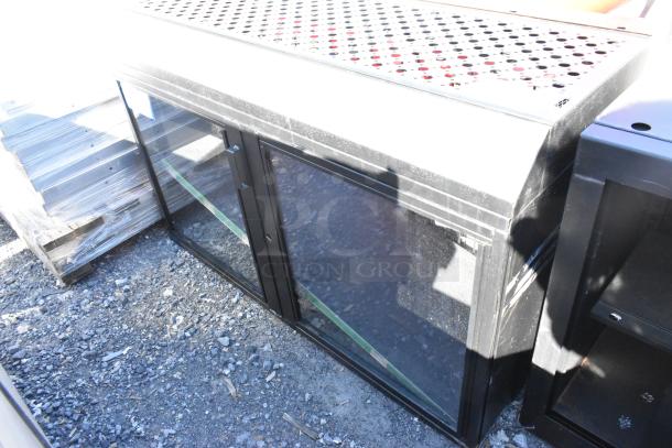 Metal 2 Door Cabinet with perforated top, glass doors, and black metal frame. Good condition, suitable for industrial use.
