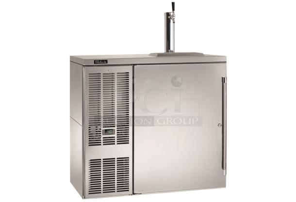 Alt text: Perlick DDS36 36" stainless steel direct draw beer dispenser, 2-keg capacity, 115V, scratch and dent condition.