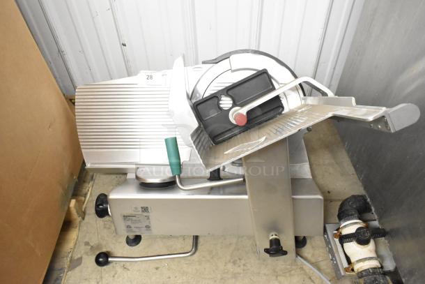 2017 Bizerba commercial countertop meat slicer, metal, 120 volts, 1 phase, with adjustable blade, used condition.