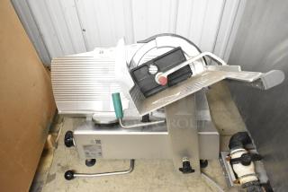 2017 Bizerba commercial countertop meat slicer, metal, 120 volts, 1 phase, with adjustable blade, used condition.
