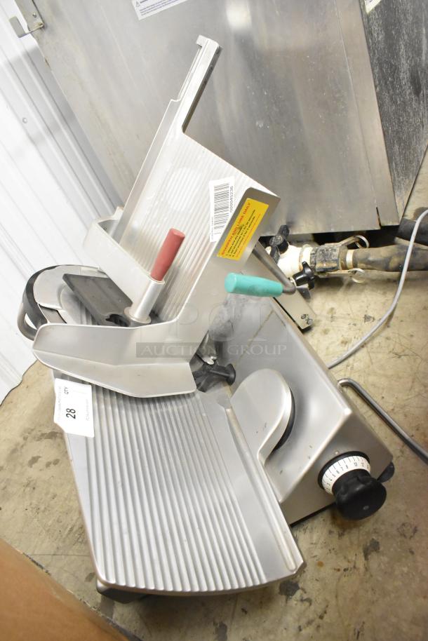 2017 Bizerba commercial countertop meat slicer, stainless steel, 120V, 1 phase, with adjustable thickness dial.