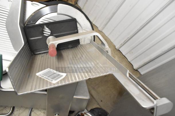2017 Bizerba commercial meat slicer, metal, countertop model, 120V, good condition, barcode label visible.
