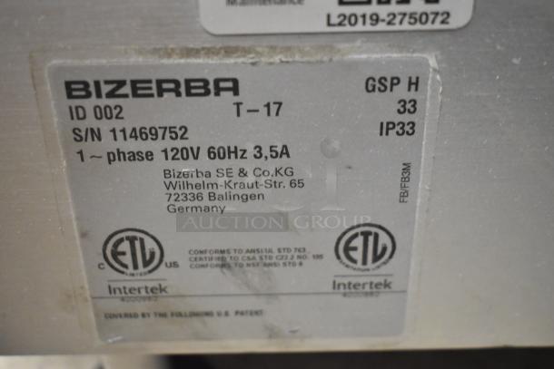2017 Bizerba Metal Commercial Meat Slicer label, Model T-17, 120V, 1 Phase, ETL certified, made in Germany.
