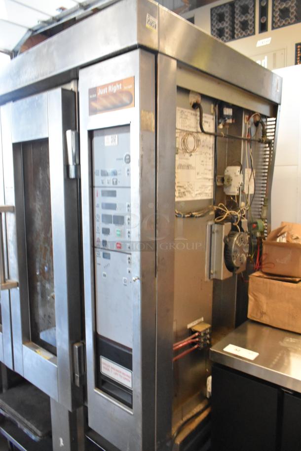Baxter stainless steel commercial electric mini rotating rack oven on double pan rack, 240V, 3-phase, used condition.