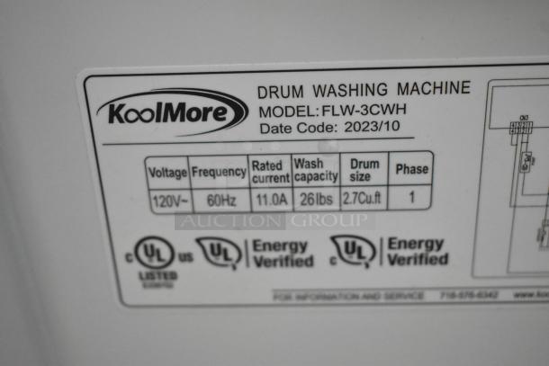 KoolMore FLW-3CWH front load washer label showing specs: 120V, 60Hz, 11A, 26 lbs wash capacity, 2.7 cu.ft. drum.