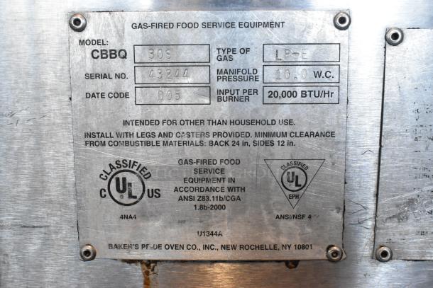 Bakers Pride CBBQ30S charbroiler grill label, indicating it is propane gas powered with 20,000 BTU/hr input per burner.