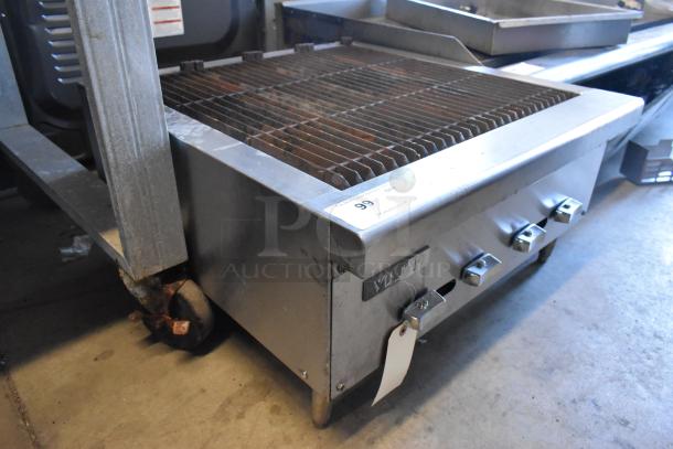 Vulcan Stainless Steel Commercial Charbroiler Grill, countertop, natural gas, stainless knobs, visible wear, model label.