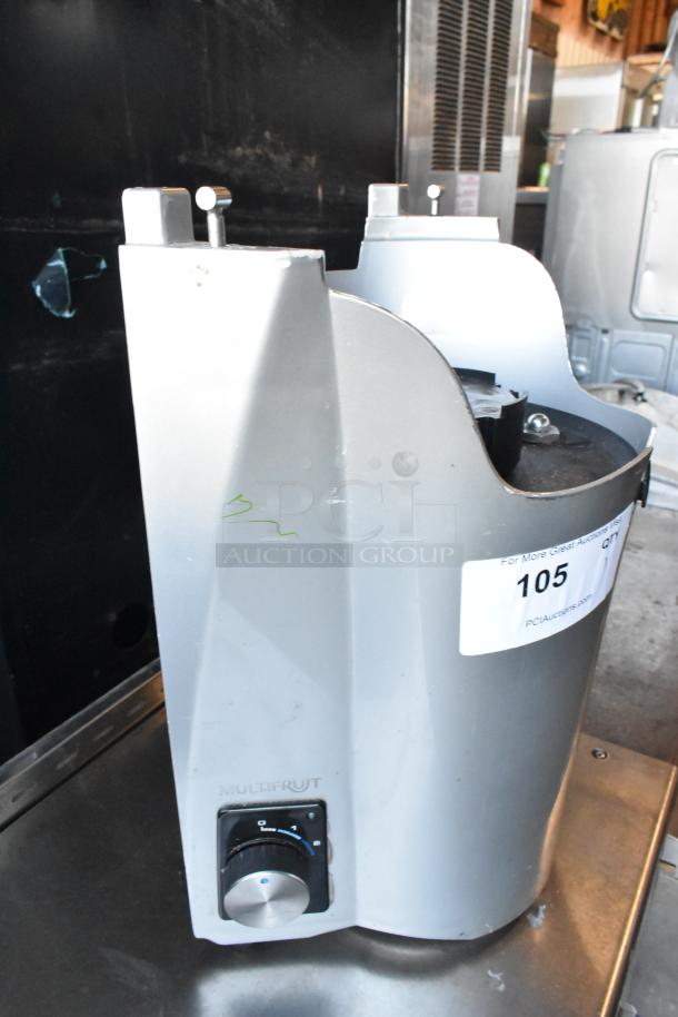 2021 Zumex Multifruit LED metal countertop juicer base, 115 volts, 1 phase. Features control knob, visible scratch on side.